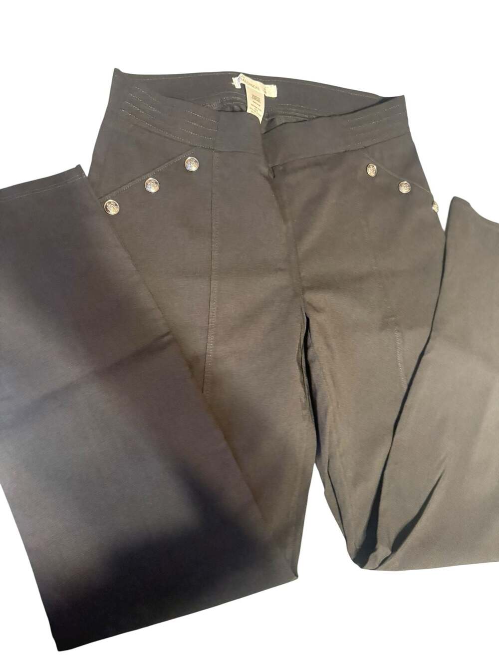 89th + Madison Black High-Waisted Pants with Gold Button Detail